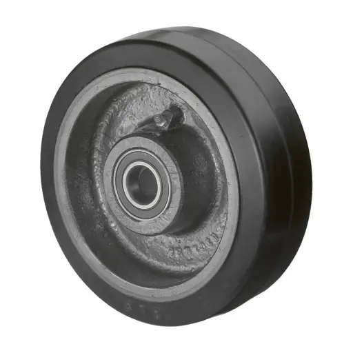 B81.151 Wheel series 150mm black elastic rubber on cast iron centre 25mm bore hub length 60mm ball bearings 350kg