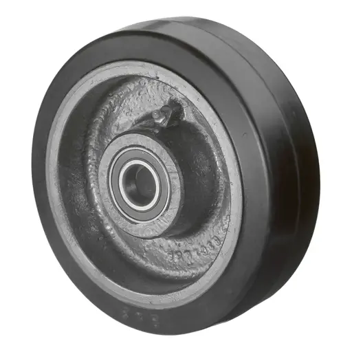 B81.202 Wheel series 200mm black elastic rubber on cast iron centre 25mm bore hub length 60mm ball bearings 450kg