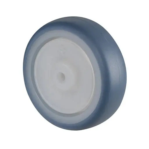 A85.076.F005 Wheel series 75mm light blue thermoplastic rubber on polypropylene centre 6mm bore hub length 28mm single ball bearing 75kg