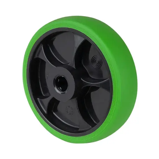 B44.126.F004 Wheel series 125mm green thermoplastic rubber on polypropylene centre 15mm bore hub length 50mm roller bearing 120kg