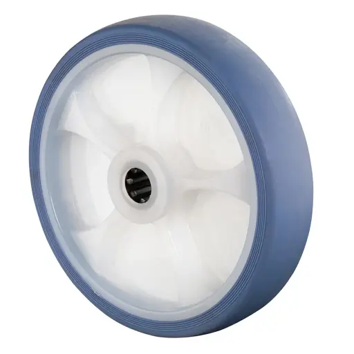 B44.201.F005 Wheel series 200mm light blue thermoplastic rubber on polypropylene centre 20mm bore hub length 60mm roller bearing 220kg