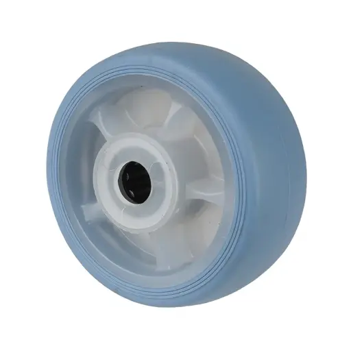 B44.081.F005 Wheel series 80mm light blue thermoplastic rubber on polypropylene centre 12mm bore hub length 40mm roller bearing 100kg