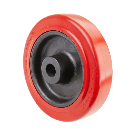 B21.127 Wheel series 125mm red heat resistant silicone rubber on fibre glass reinforced polyamide centre (-25°C - +250°C) 20mm bore hub length 48mm plain bearing 130kg