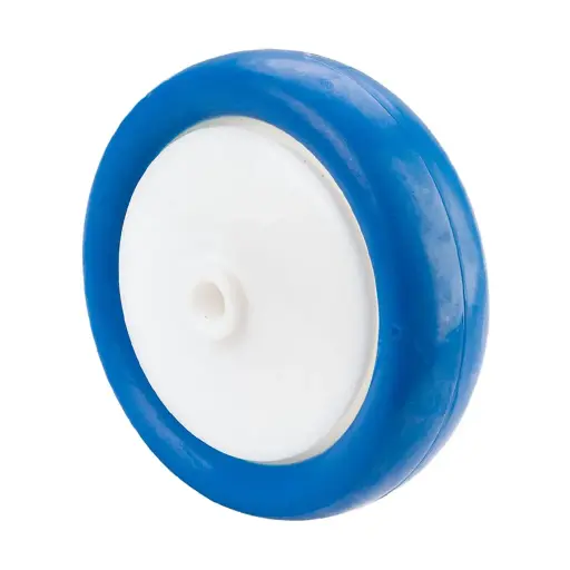B34.125 Wheel series 125mm blue soft polyurethane on nylon centre 10mm bore hub length 50mm single ball bearing 150kg