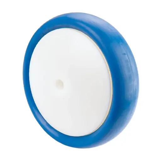 B34.150 Wheel series 150mm blue soft polyurethane on nylon centre 12mm bore hub length 62mm single ball bearing 200kg