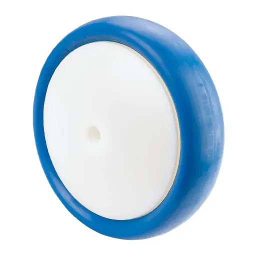 B34.160 Wheel series 160mm blue soft polyurethane on nylon centre 12mm bore hub length 62mm single ball bearing 250kg