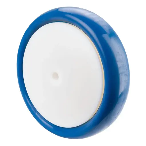 B34.200 Wheel series 200mm blue soft polyurethane on nylon centre 12mm bore hub length 62mm single ball bearing 300kg