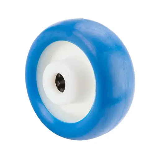 B36.081 Wheel series 80mm blue soft polyurethane on nylon centre 12mm bore hub length 40mm roller bearing 70kg