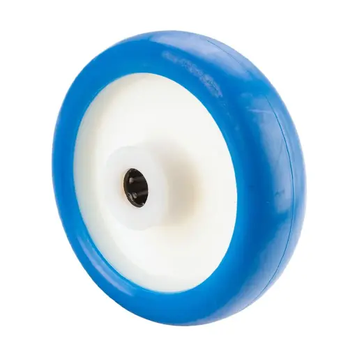 B36.126 Wheel series 125mm blue soft polyurethane on nylon centre 15mm bore hub length 50mm roller bearing 150kg