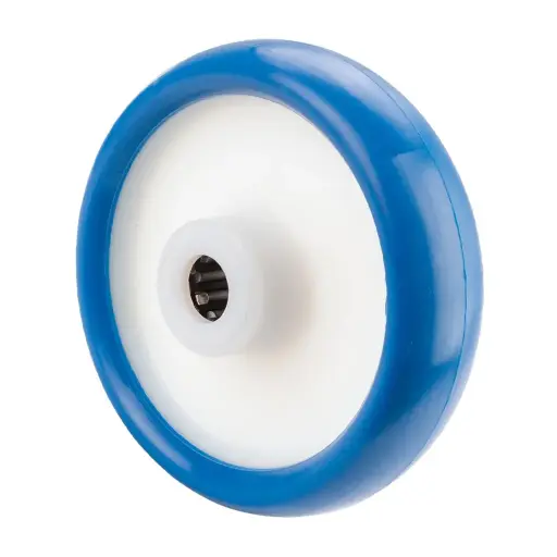 B36.151 Wheel series 150mm blue soft polyurethane on nylon centre 20mm bore hub length 60mm roller bearing 200kg