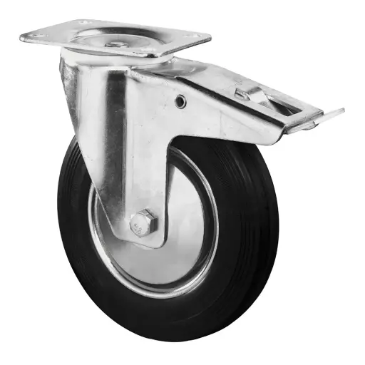 L420.B55.201 200mm swivel/brake top plate 135x110mm castor with black rubber on pressed steel centre and thread guards roller bearing wheel 205kg